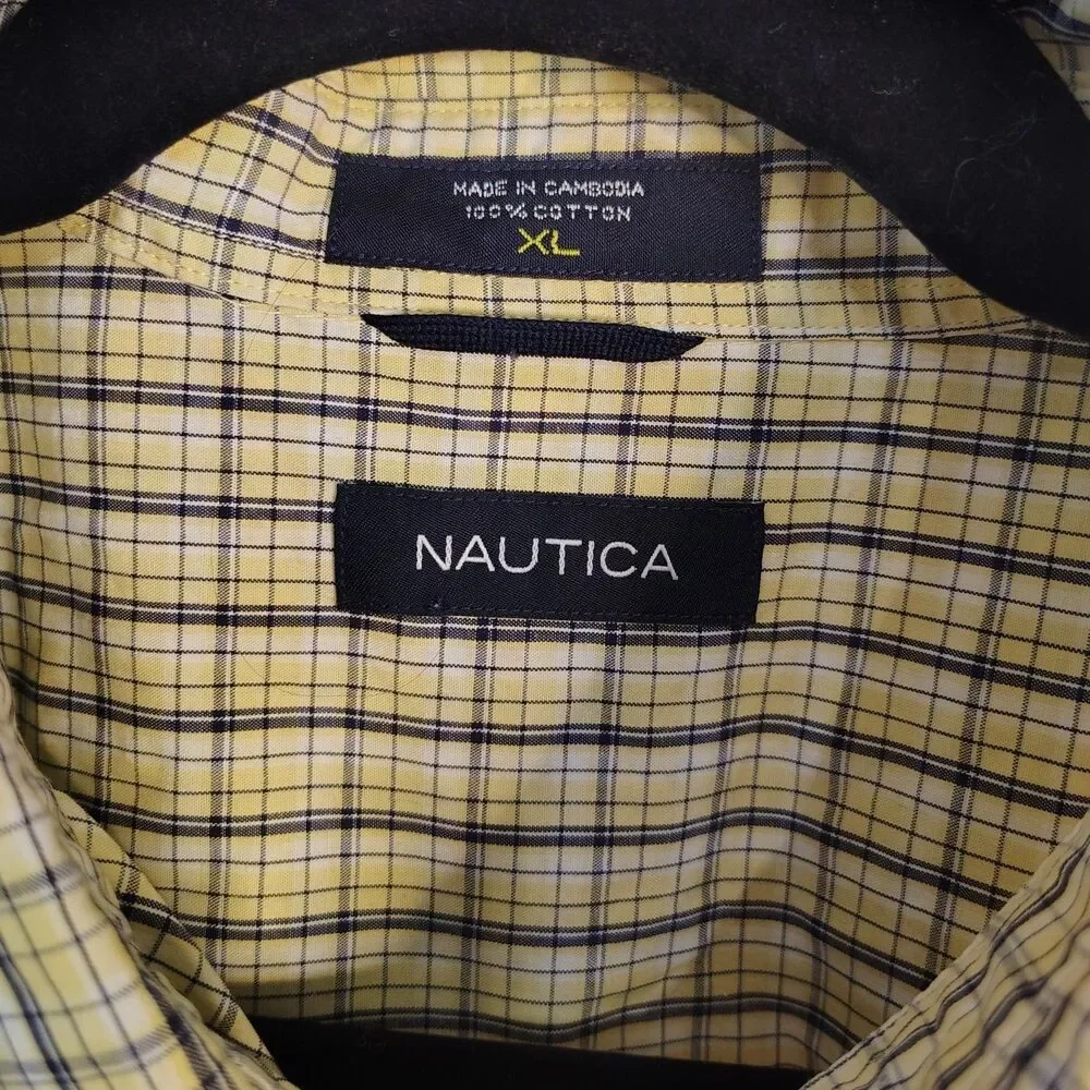 NAUTICA 100% Cotton Yellow Plaid Men's XL Button-Down Long Sleeve Shirt
